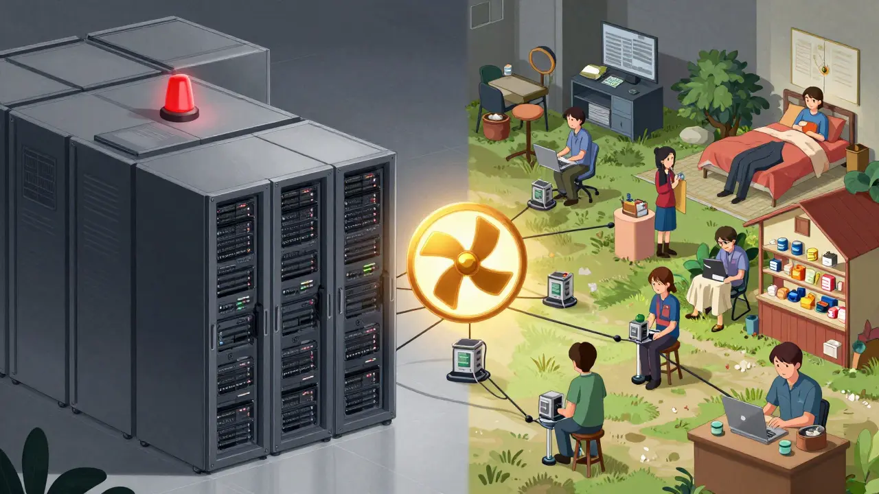 Anime illustration contrasting a giant corporate data center with a diverse global community of hardware providers.