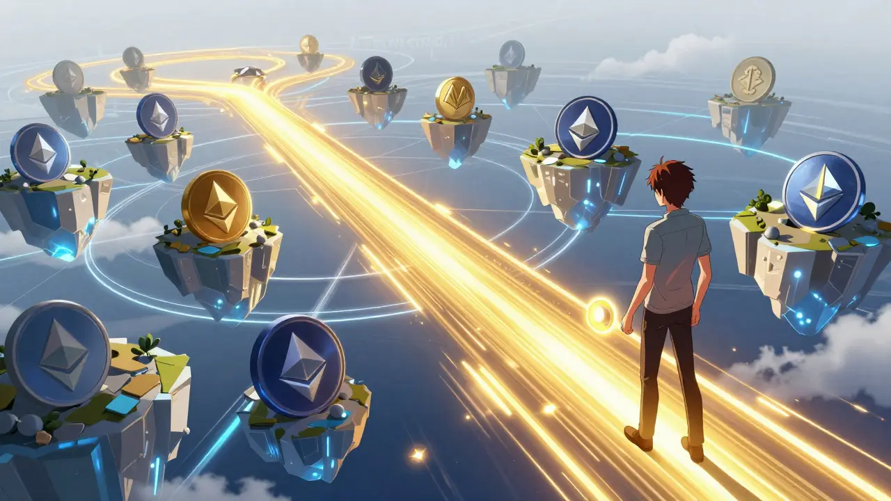 Anime illustration of a streamlined golden path connecting different blockchain islands.