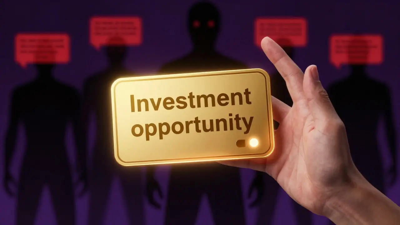 Anime person rejecting a golden scam notification surrounded by shadowy bot silhouettes.