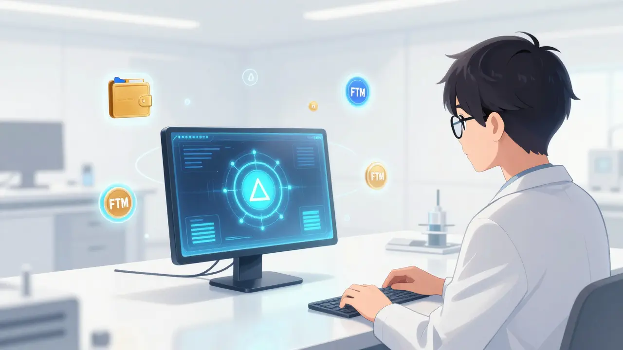 Anime researcher in a minimalist lab analyzing a Fantom blockchain terminal.