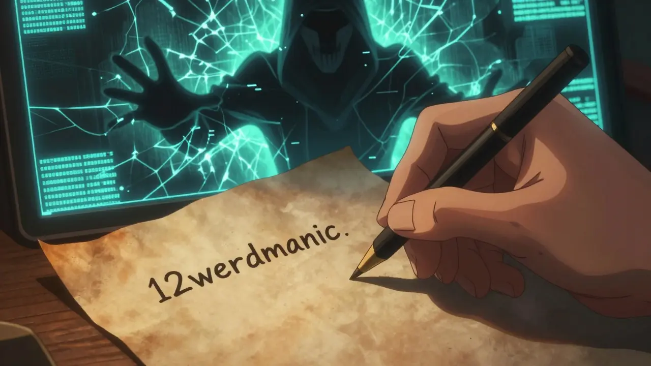 Anime scene of a person writing a recovery phrase to protect a digital wallet from a hacker
