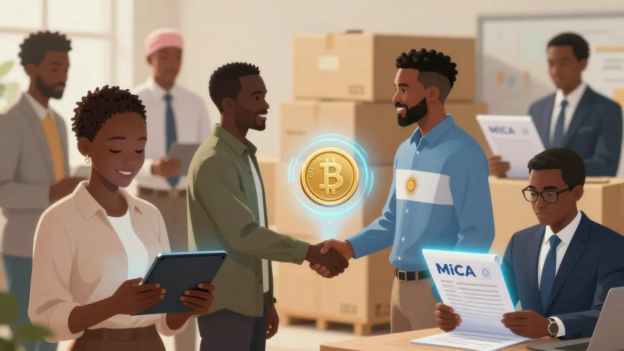 Anime scene showing global professionals integrating crypto taxes and stablecoins into trade.