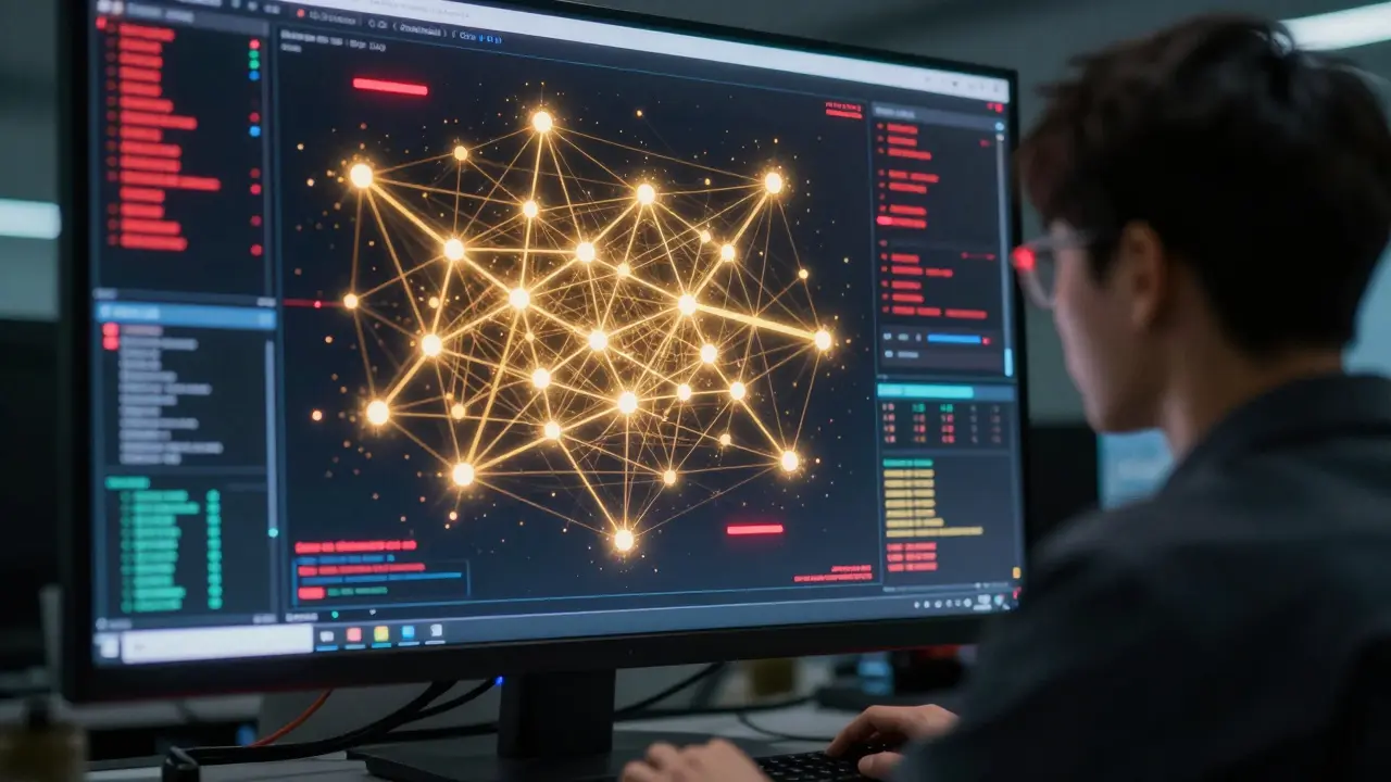 Anime security analyst monitoring blockchain data for high-risk transactions