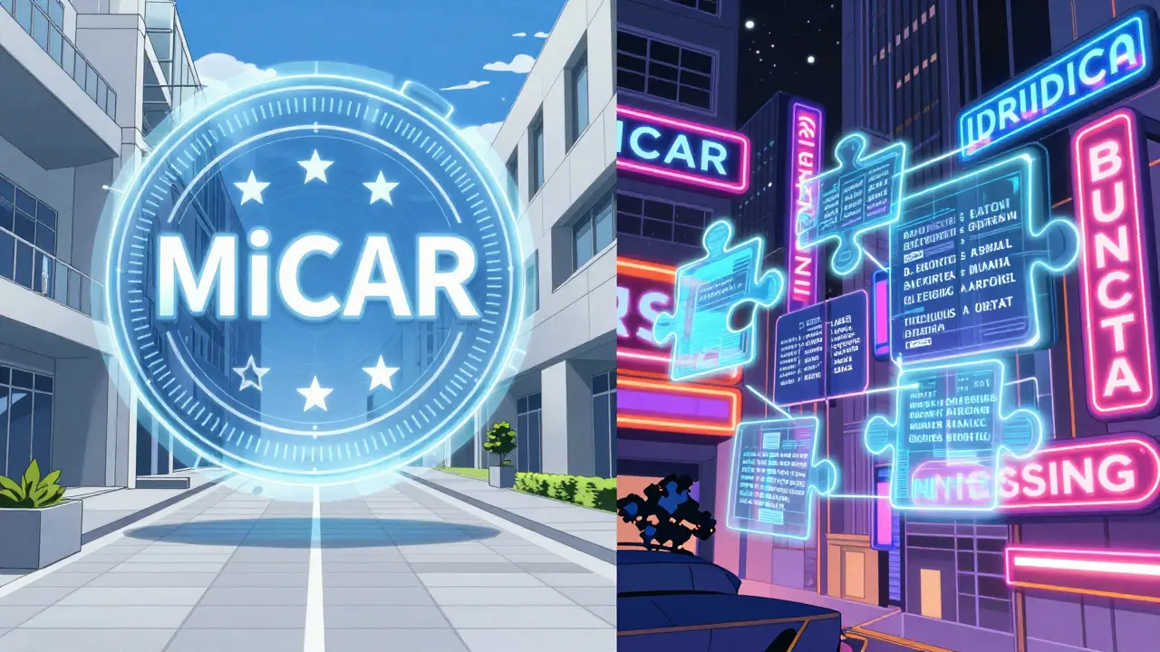 Anime split-screen comparing structured EU crypto laws and fragmented US regulations.