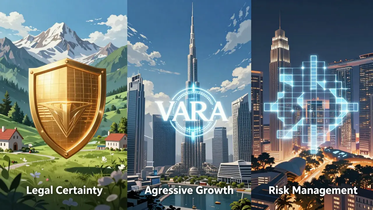 Anime split-screen depicting the crypto strategies of Switzerland, UAE, and Singapore.