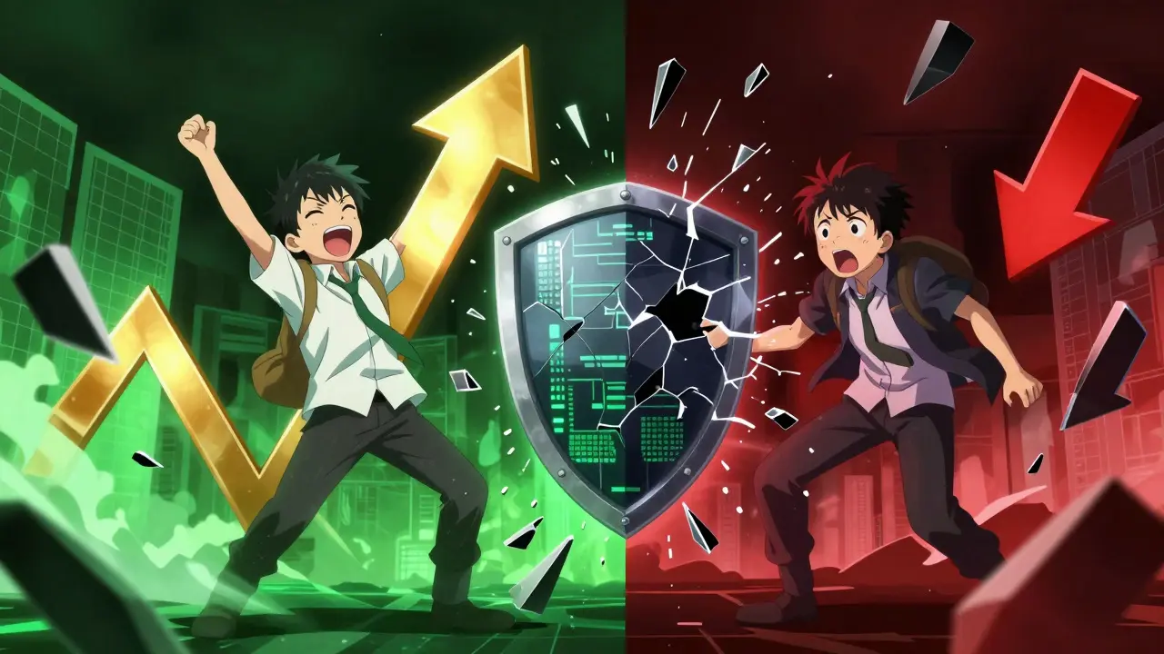 Anime split-screen depicting the high risks and rewards of crypto trading