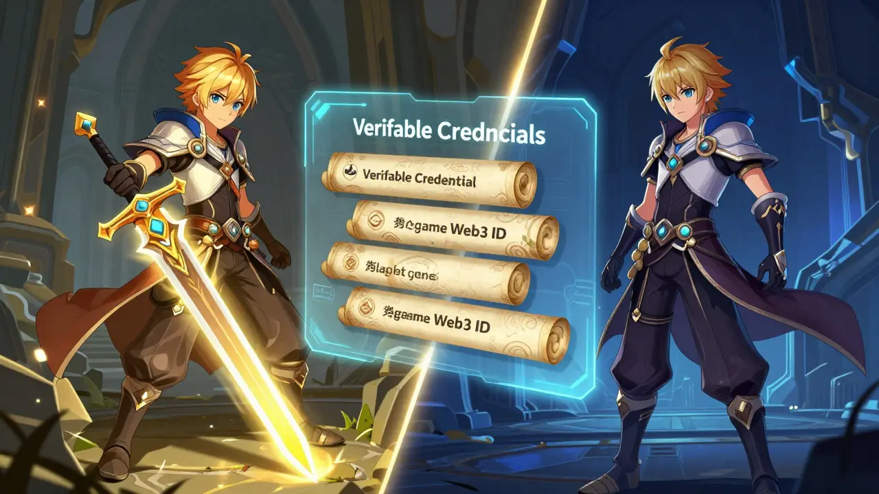 Anime split-screen showing a gamer's identity and gear transferring between fantasy and sci-fi worlds.