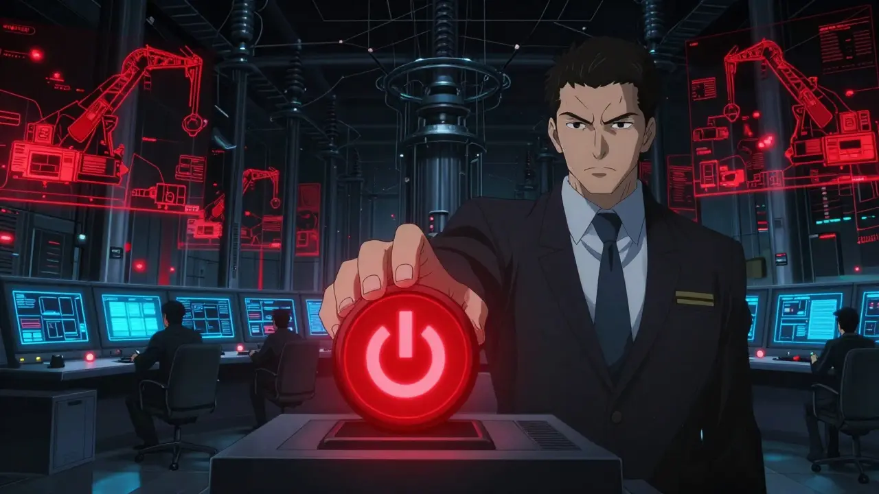 Anime style control room with a hand about to flip a switch to shut down power