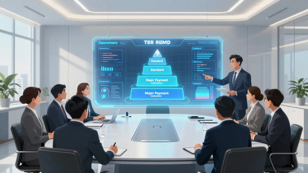 Anime style corporate boardroom with executives analyzing a holographic crypto licensing table.