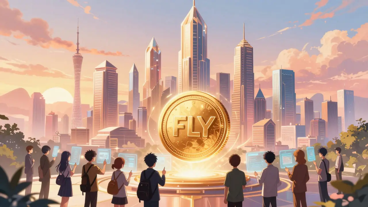 Anime style futuristic city with a floating FLY token and characters voting on holograms.