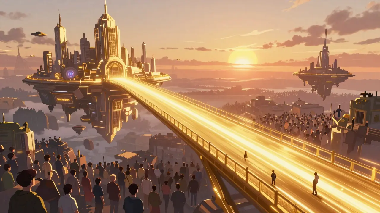 Anime style golden bridge connecting a futuristic city to a crowd of gamers.