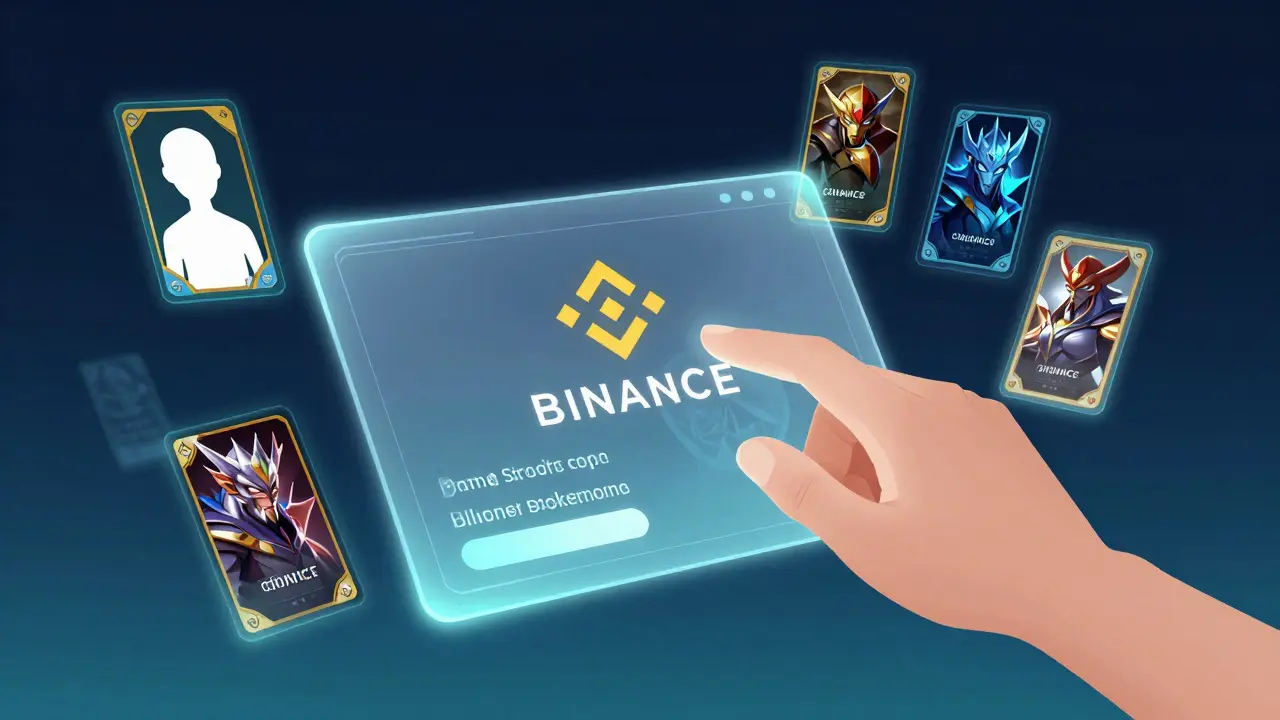 Anime style holographic digital wallet interface displaying BSC network and NFT heroes.