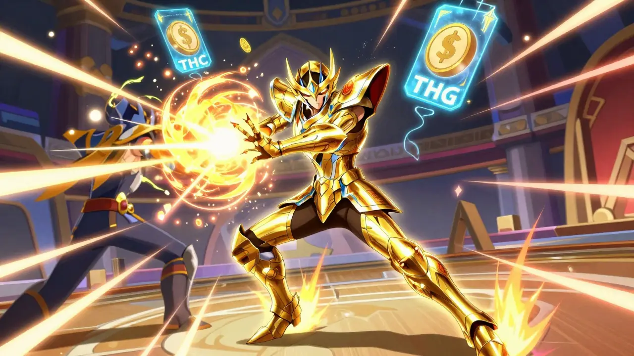 Anime style mythical hero character in a battle arena with floating THC and THG tokens.