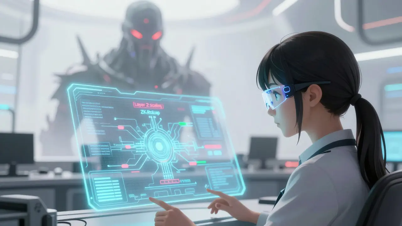 Anime technician analyzing a complex holographic data network in a futuristic lab