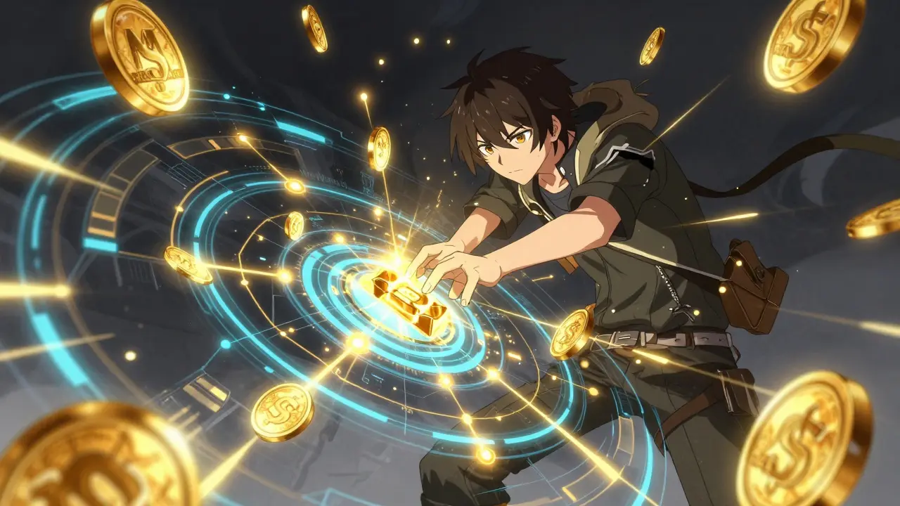 Anime user interacting with a digital interface to mine gold MCASH tokens.