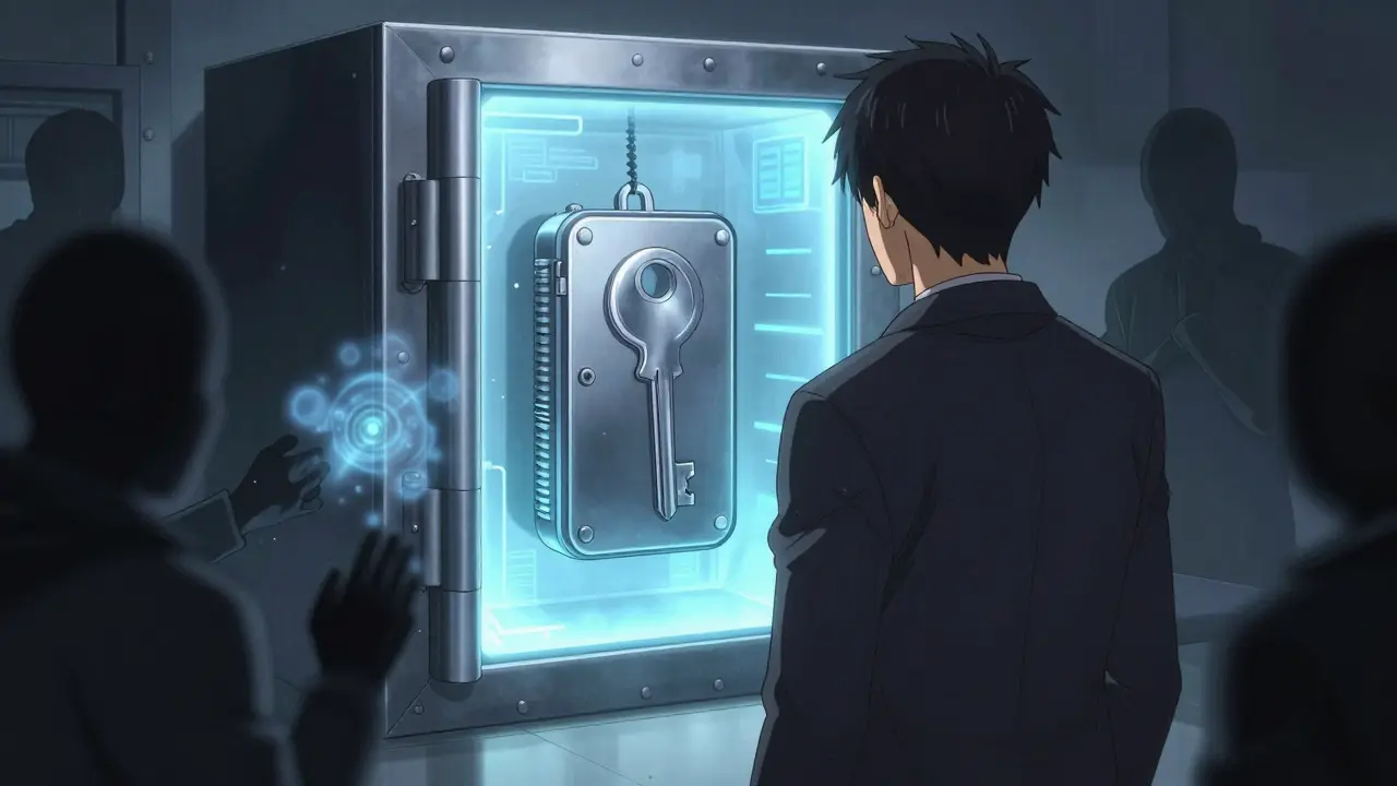 Character securing digital vault with glowing shield barrier.