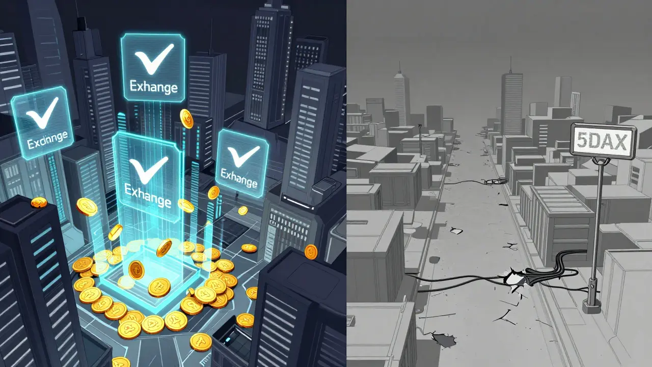 Comparison between a bustling digital financial city and a desolate, empty 5DAX ghost town.