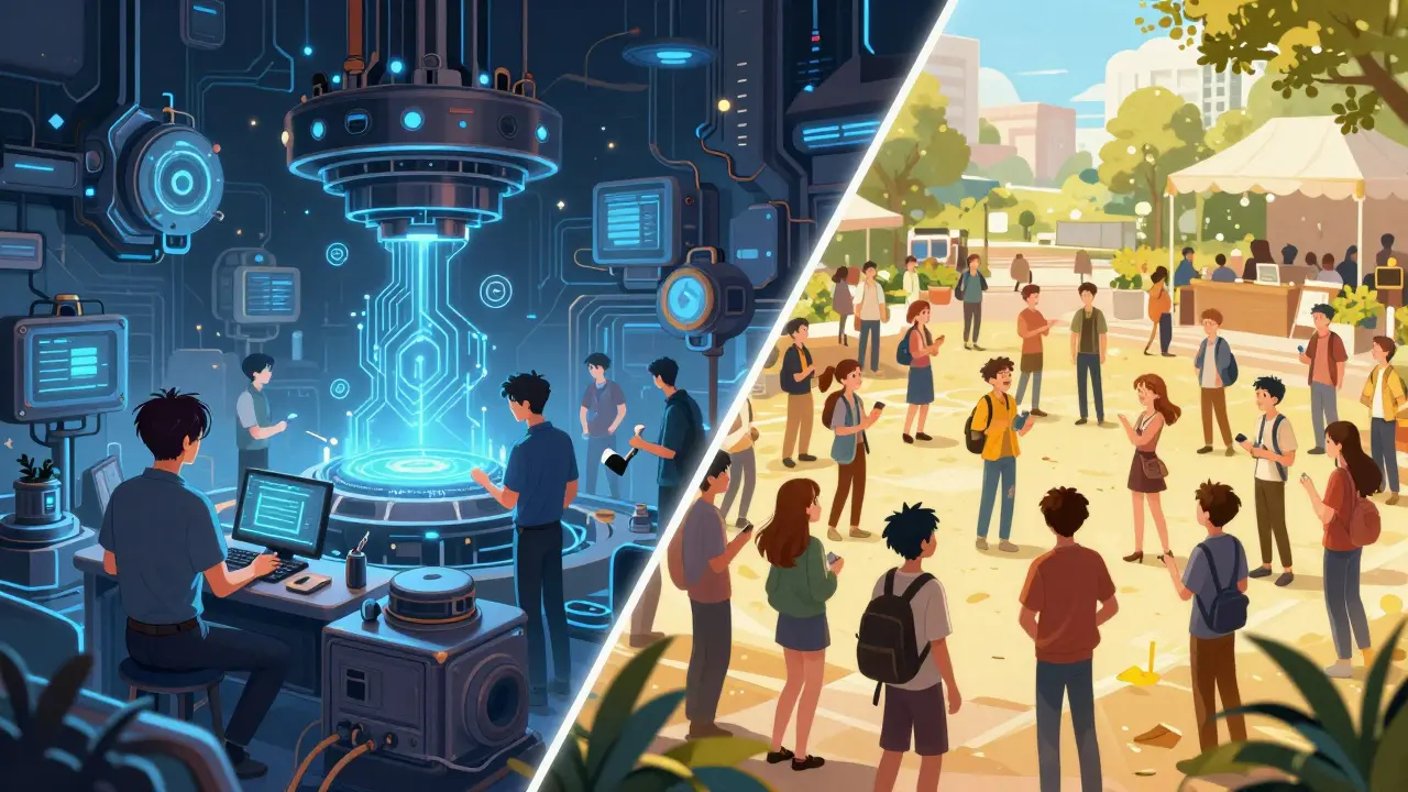 Comparison between a complex technical crypto zone and a friendly social crypto community.