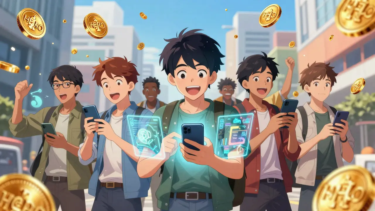 Excited anime characters celebrating receiving gold HERO tokens on their smartphones in a modern city.