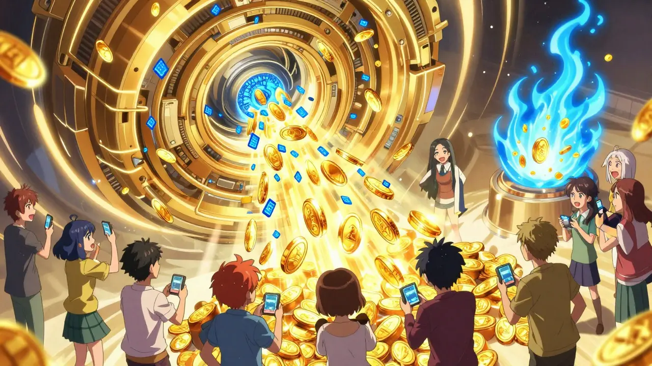 Golden mechanical vortex distributing tokens to a group of people