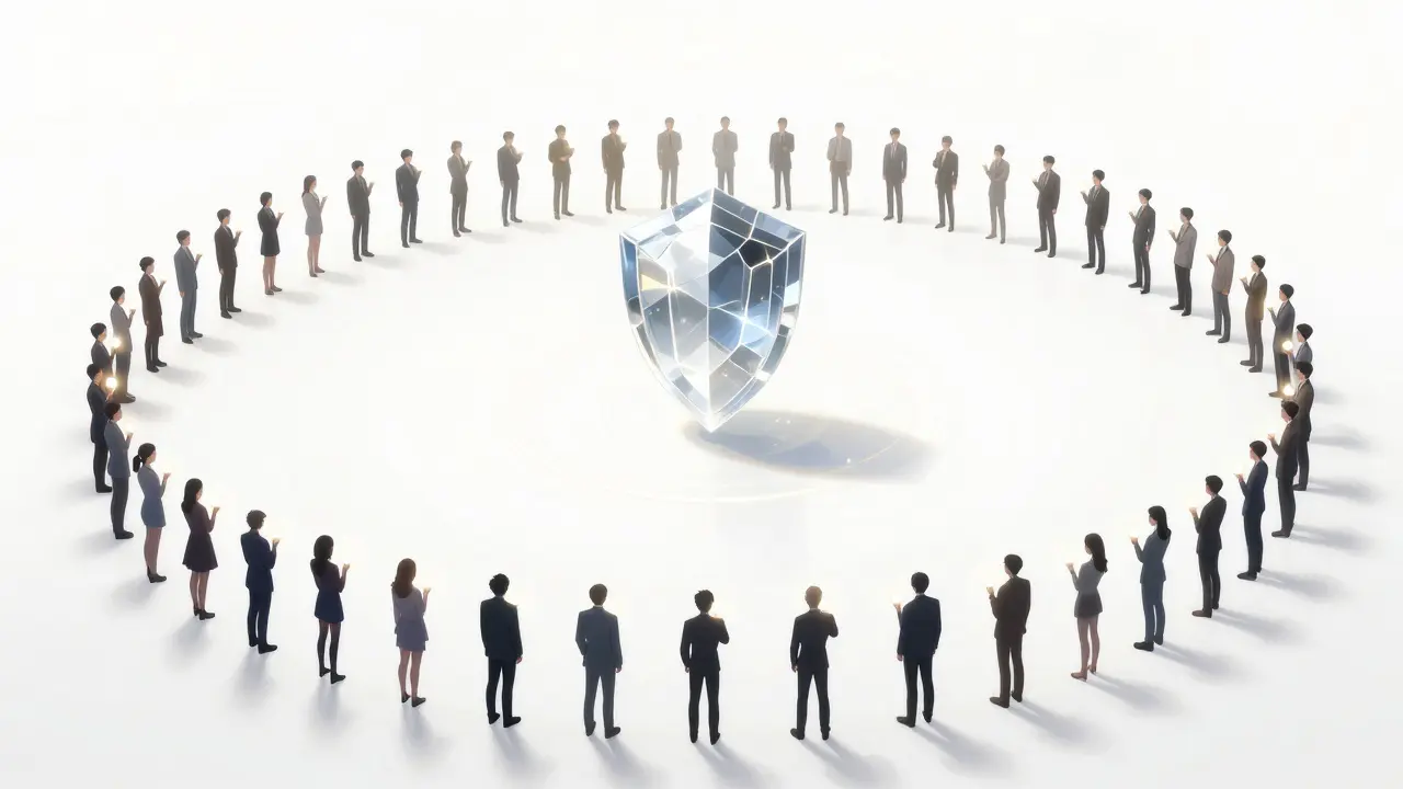 Massive circle of silhouette figures creating a glowing crystalline shield of trust.