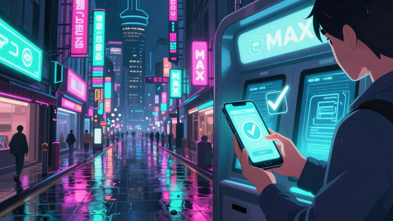 Person using a smartphone to pay at a neon-lit futuristic city kiosk