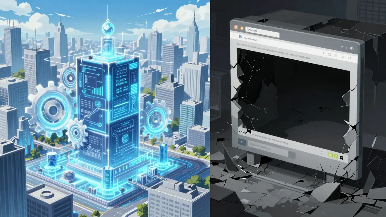 Split screen anime art contrasting real blockchain infrastructure with a hollow digital facade.