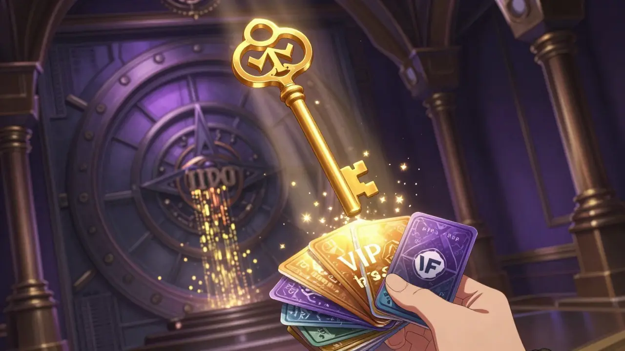 A glowing golden key transforming into data streams, representing VIP access to future crypto projects.