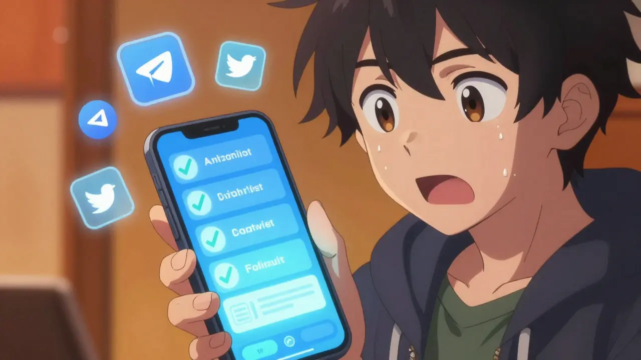 An anime character excitedly completing social media tasks on a smartphone for a crypto airdrop.