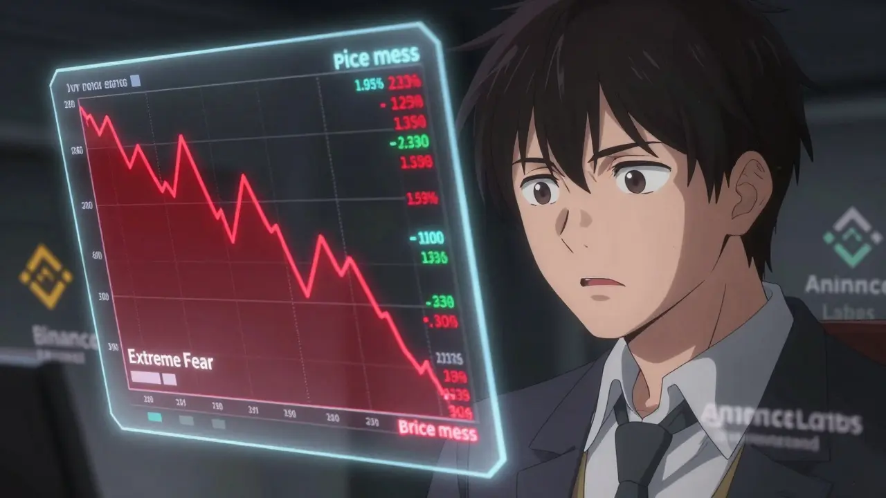 Anime character analyzing volatile crypto price charts with concerned expression.