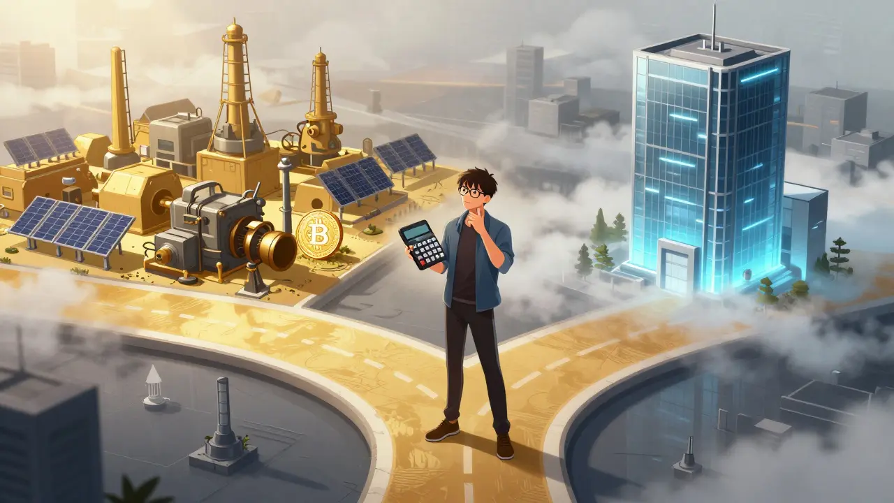 Anime character choosing between home mining and cloud paths