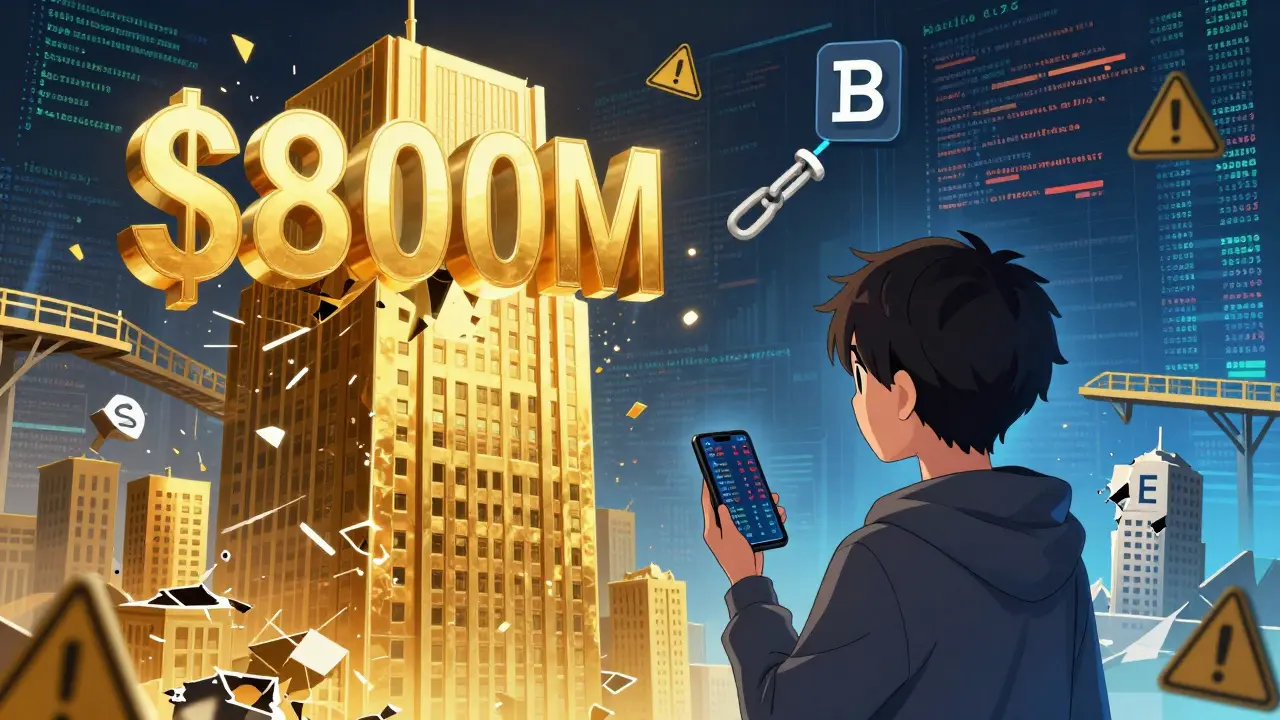 Anime character confused by conflicting crypto prices and broken chain bridges in a chaotic market.