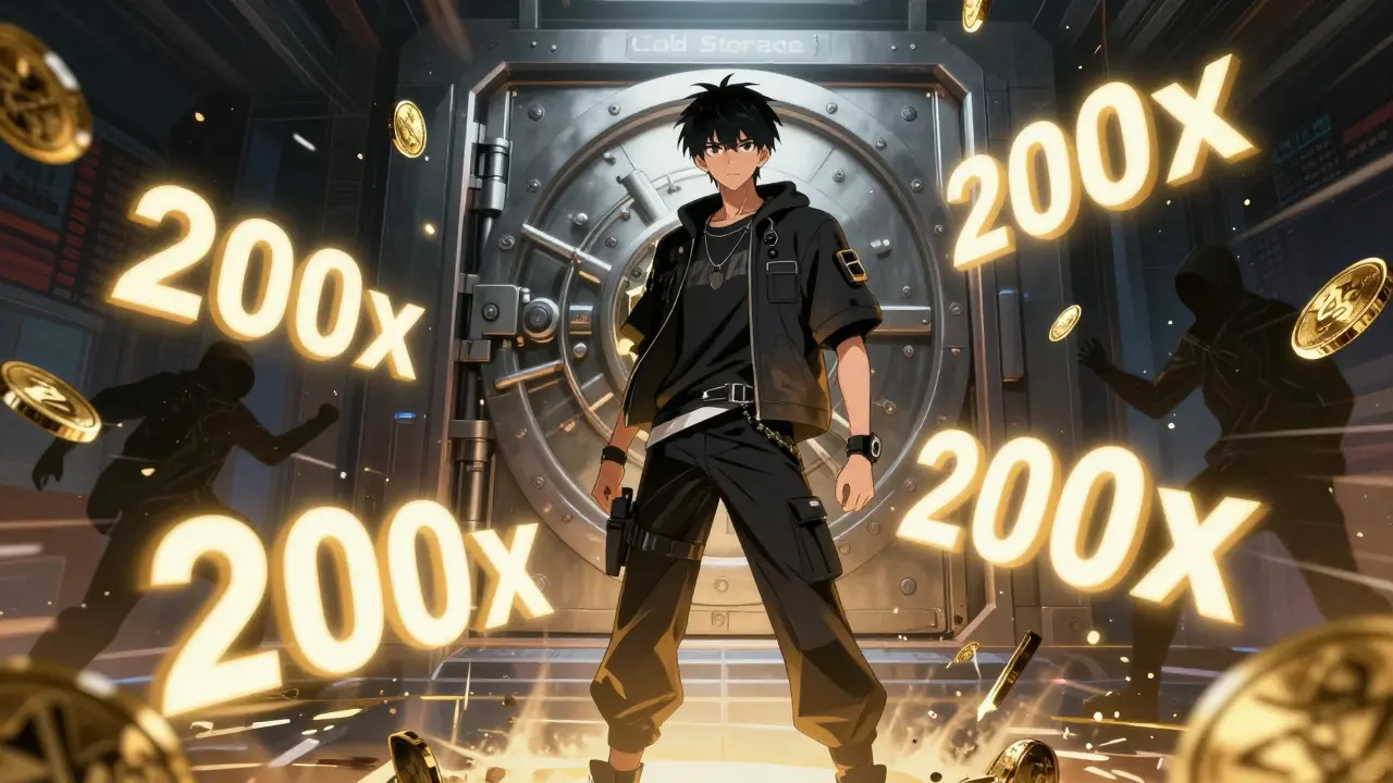 Anime character surrounded by 200x leverage symbols and secure vault