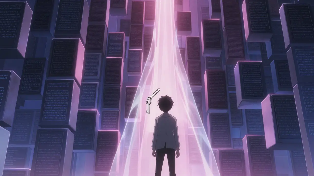 Anime character using zero-knowledge proofs to hide private data within an immutable blockchain wall.
