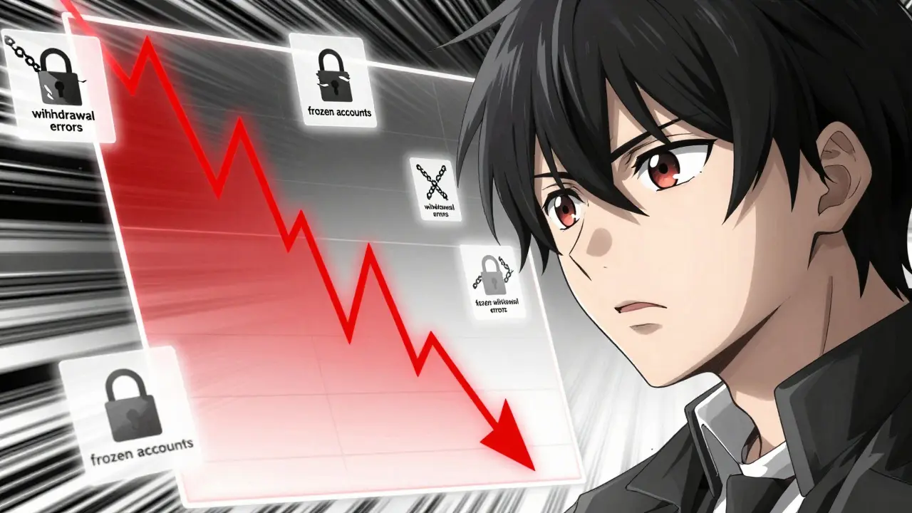 Anime character viewing red withdrawal error alerts and frozen assets