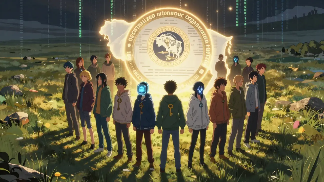 Anime characters forming a digital shield representing DAO legal protection in Wyoming.