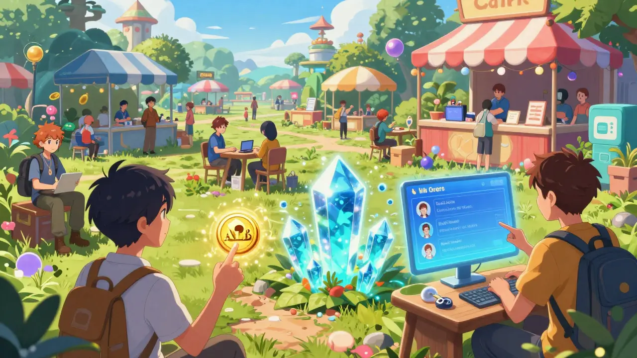 Anime crowd engaging in DeFi activities like token launching and staking