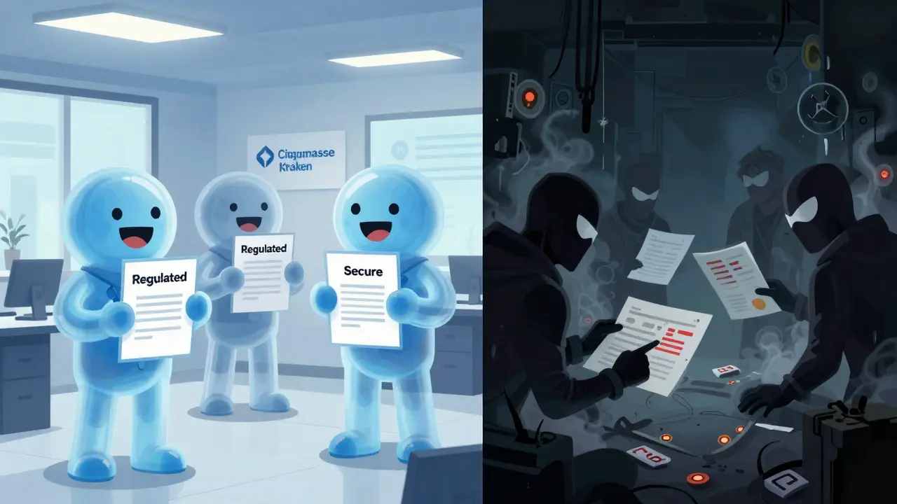 Anime illustration comparing safe vs scam crypto platforms