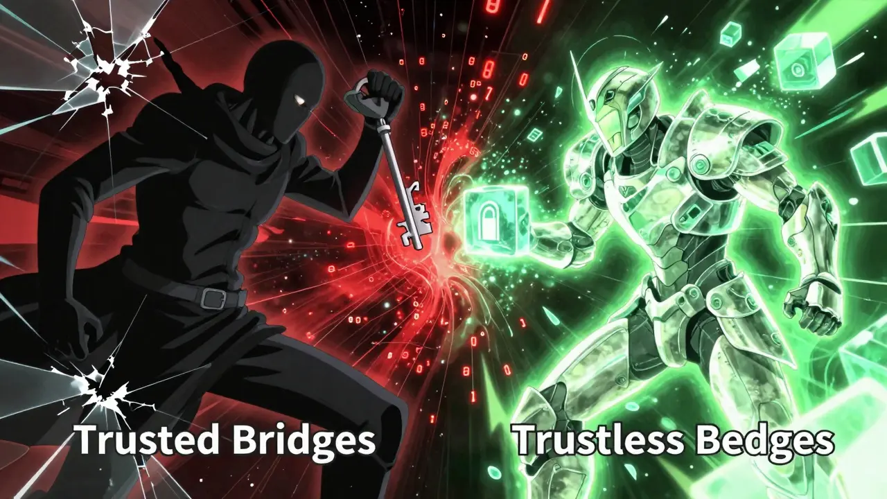 Anime illustration contrasting dark trusted bridges with bright trustless guardians