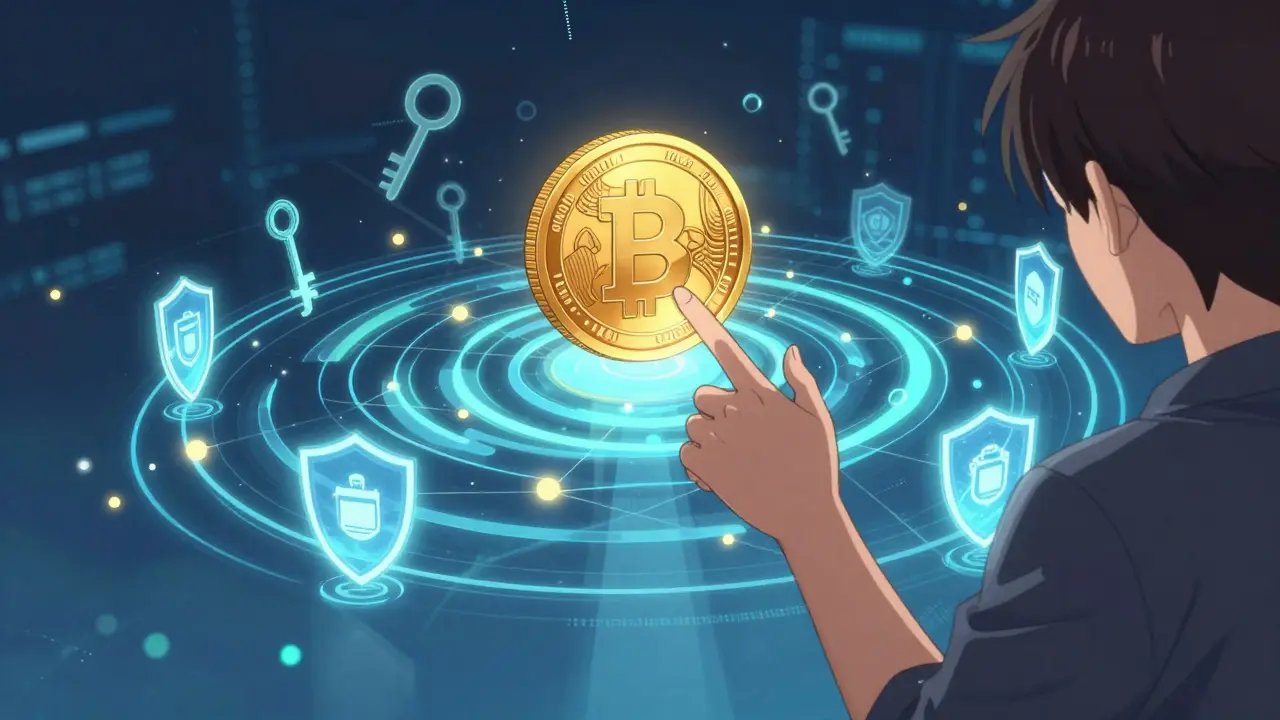 Anime illustration of a BIOFI crypto token surrounded by blockchain security shields.