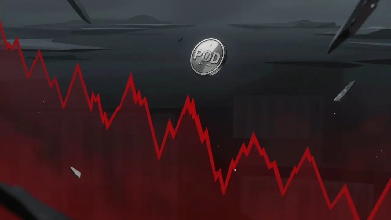 Anime illustration of a lonely token hovering over a dark abyss with plunging red price charts.