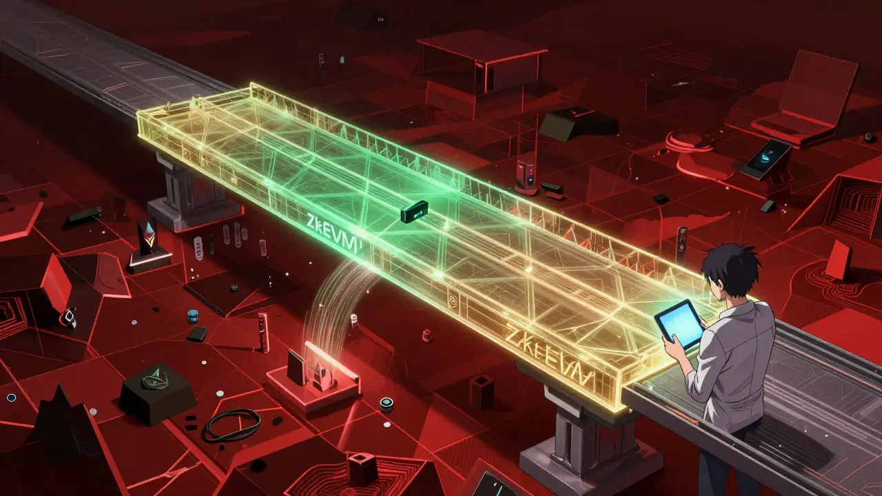 Anime illustration of zkEVM blockchain bridge technology over Ethereum network.