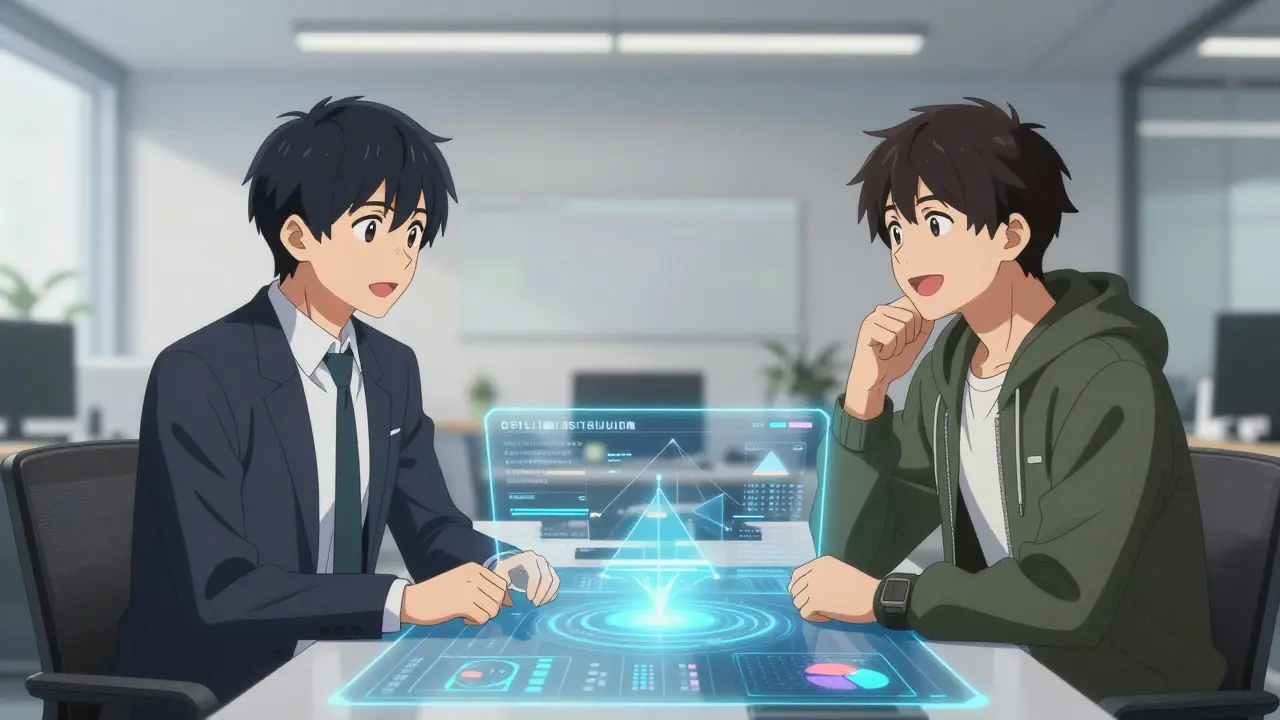 Anime regulators and founders collaborating over holographic digital banking data in a modern office.