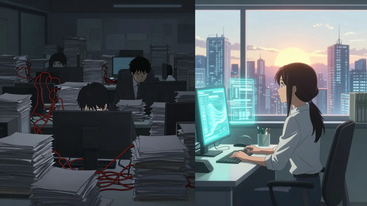 Anime scene contrasting messy paperwork with clean digital data flow