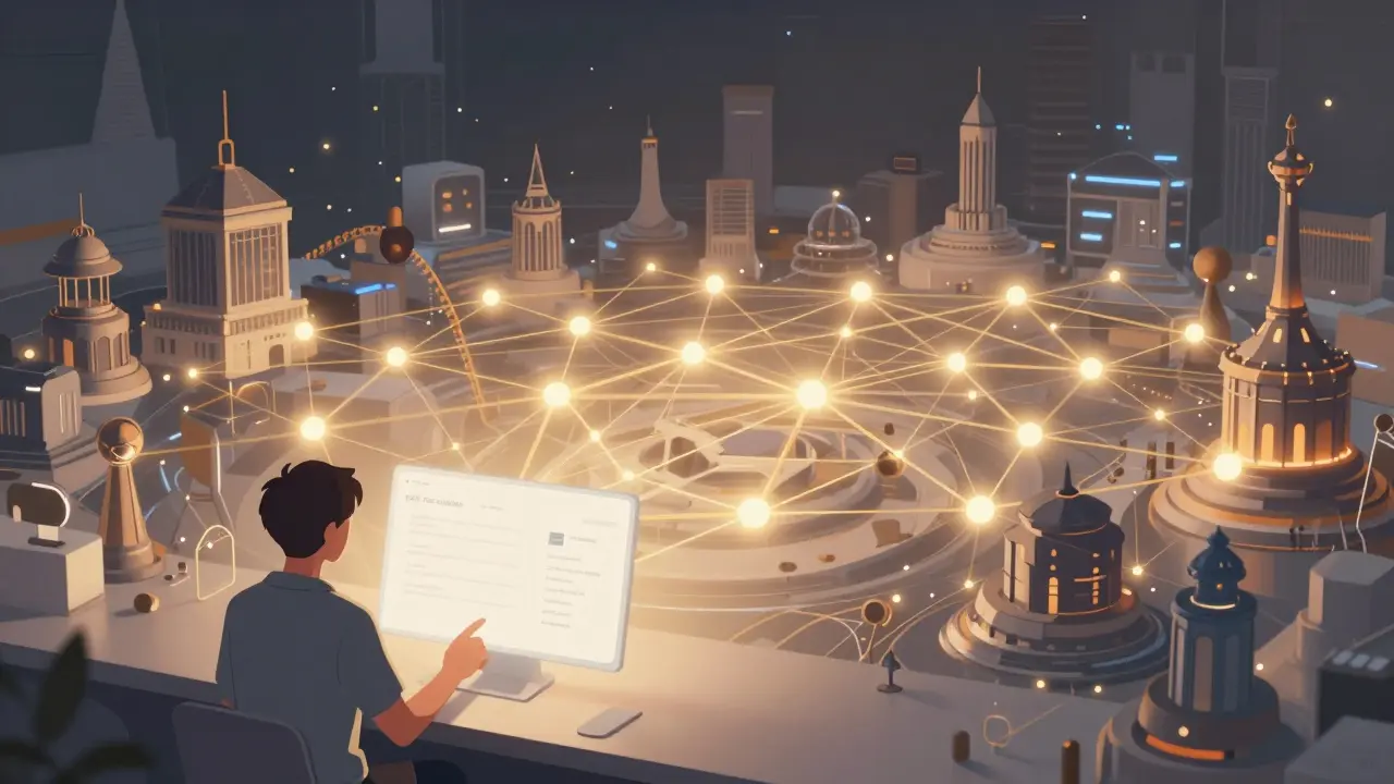 Anime scene of a user interface hiding complex blockchain networks behind it