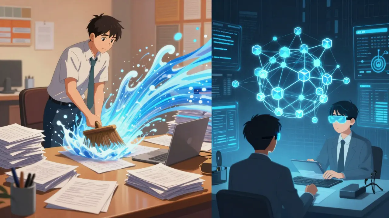 Anime style: Transition from paper-based insurance to AI and blockchain hybrid systems.