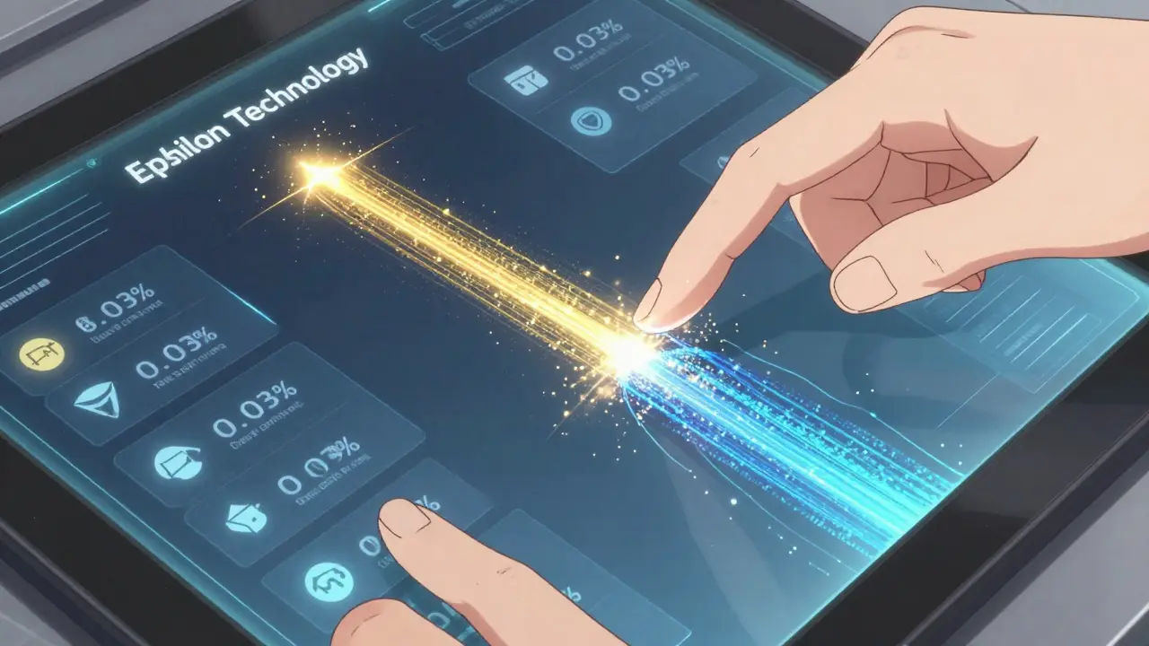 Close-up of hands using Epsilon aggregator tech on a futuristic screen