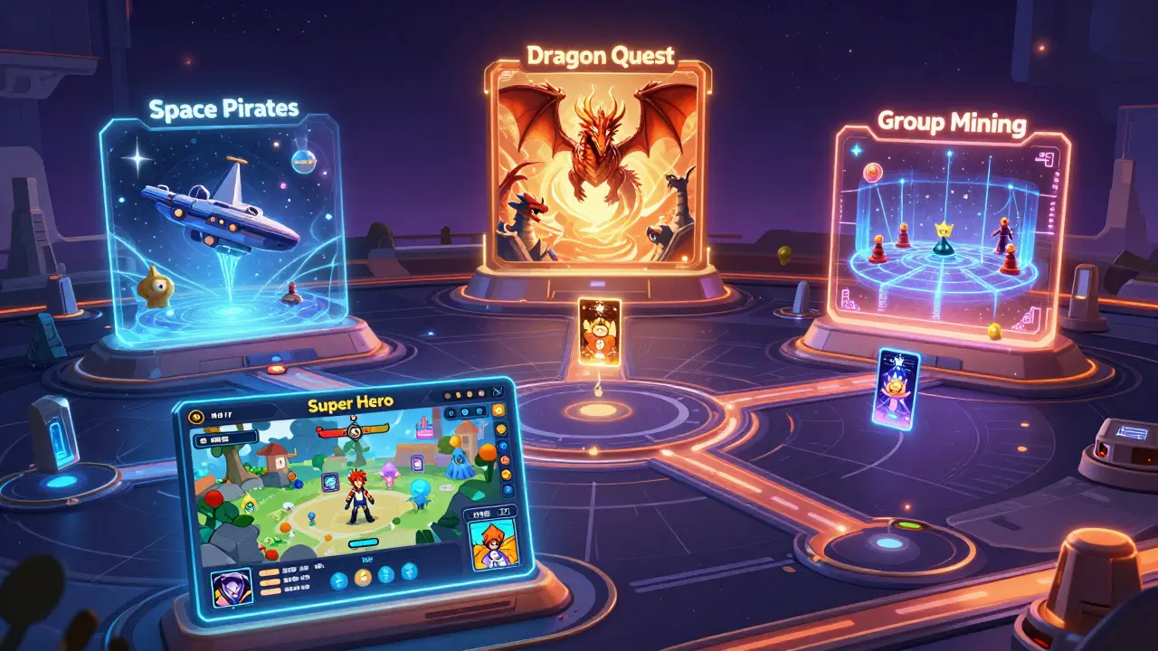 Futuristic anime roadmap showing Super Hero, Space Pirates, and Dragon Quest game portals