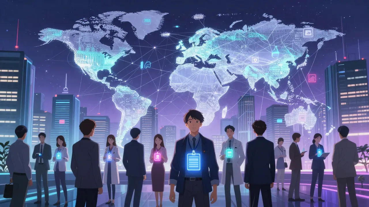 Futuristic city connected by decentralized identity networks in anime style.