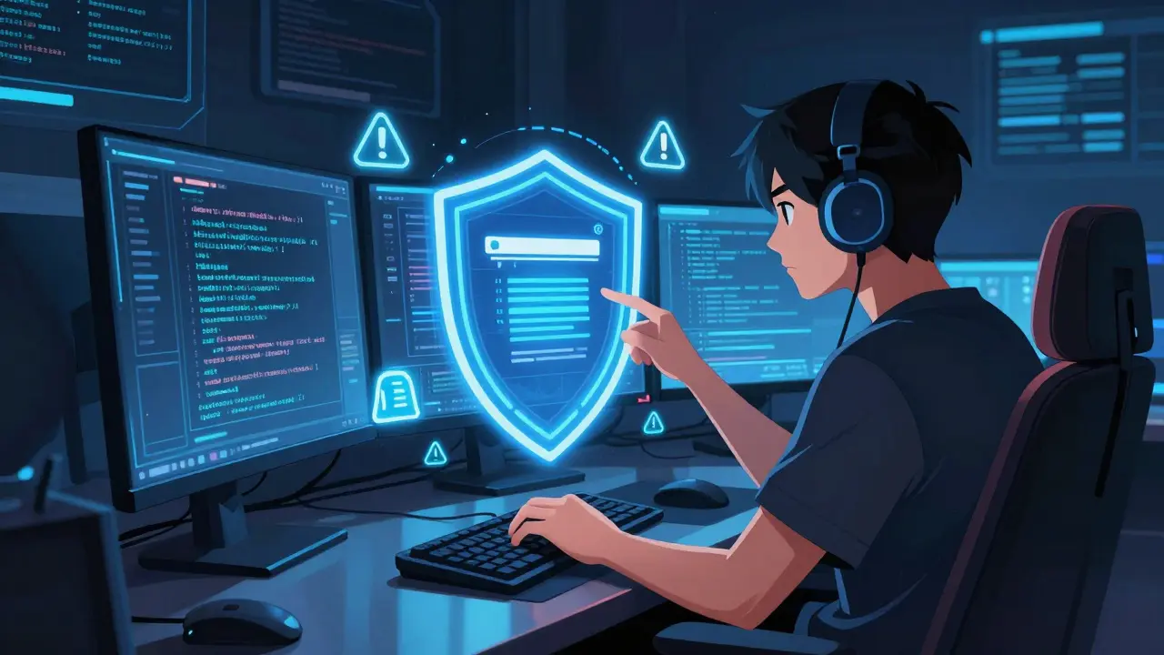 Gamer verifying blockchain security on monitors with holographic shields in anime style
